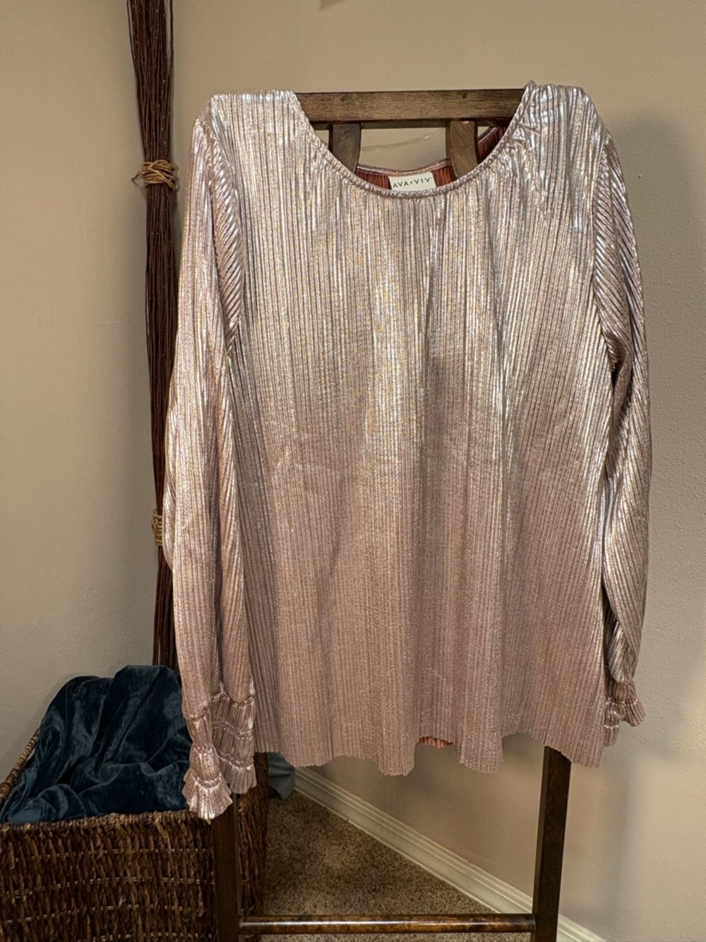 Rose Gold Metallic Pleated Long-Sleeve Top - LAST CHANCE!